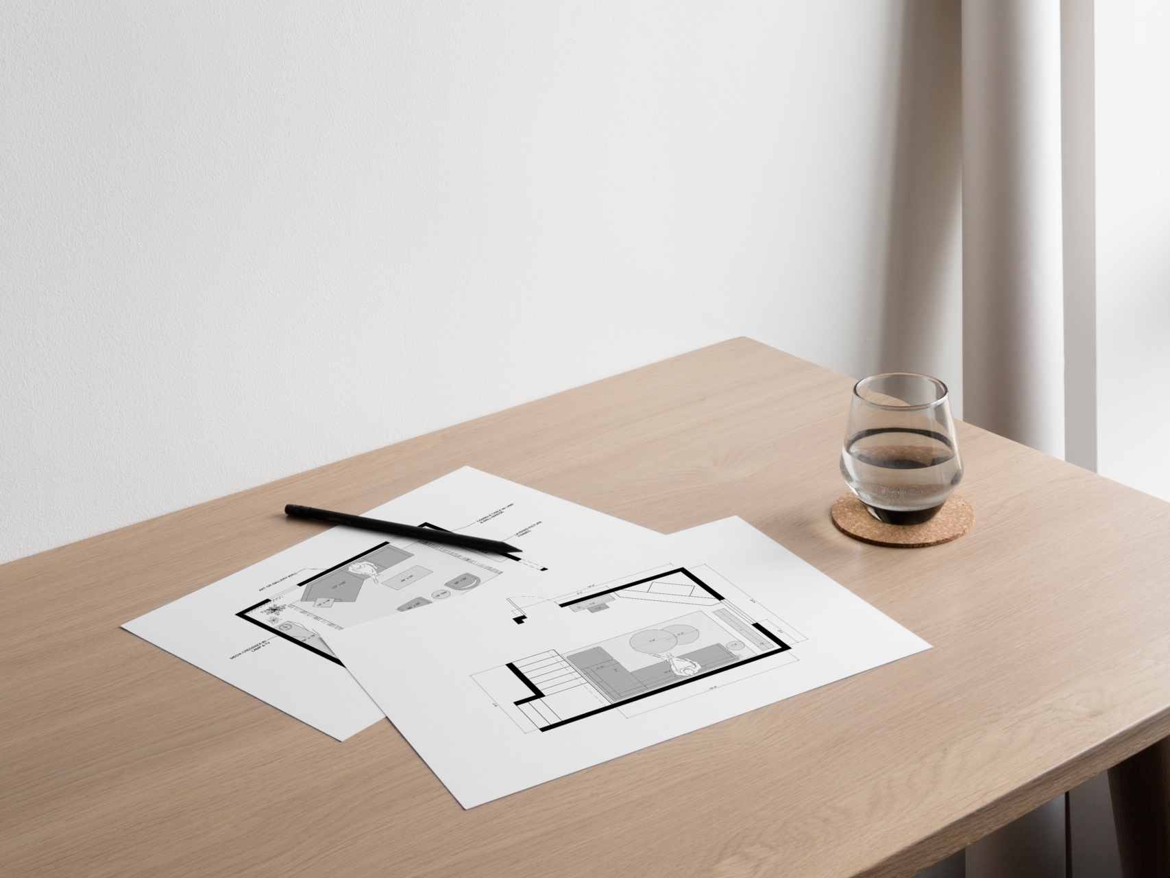 Interior Floor plans with a pen on a wood table 