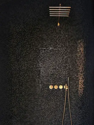 metallic square mosaic bathroom shower walls with brass fixtures