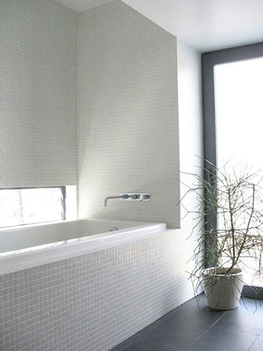 white creamy square mosaic tile with white grout - modern bathroom