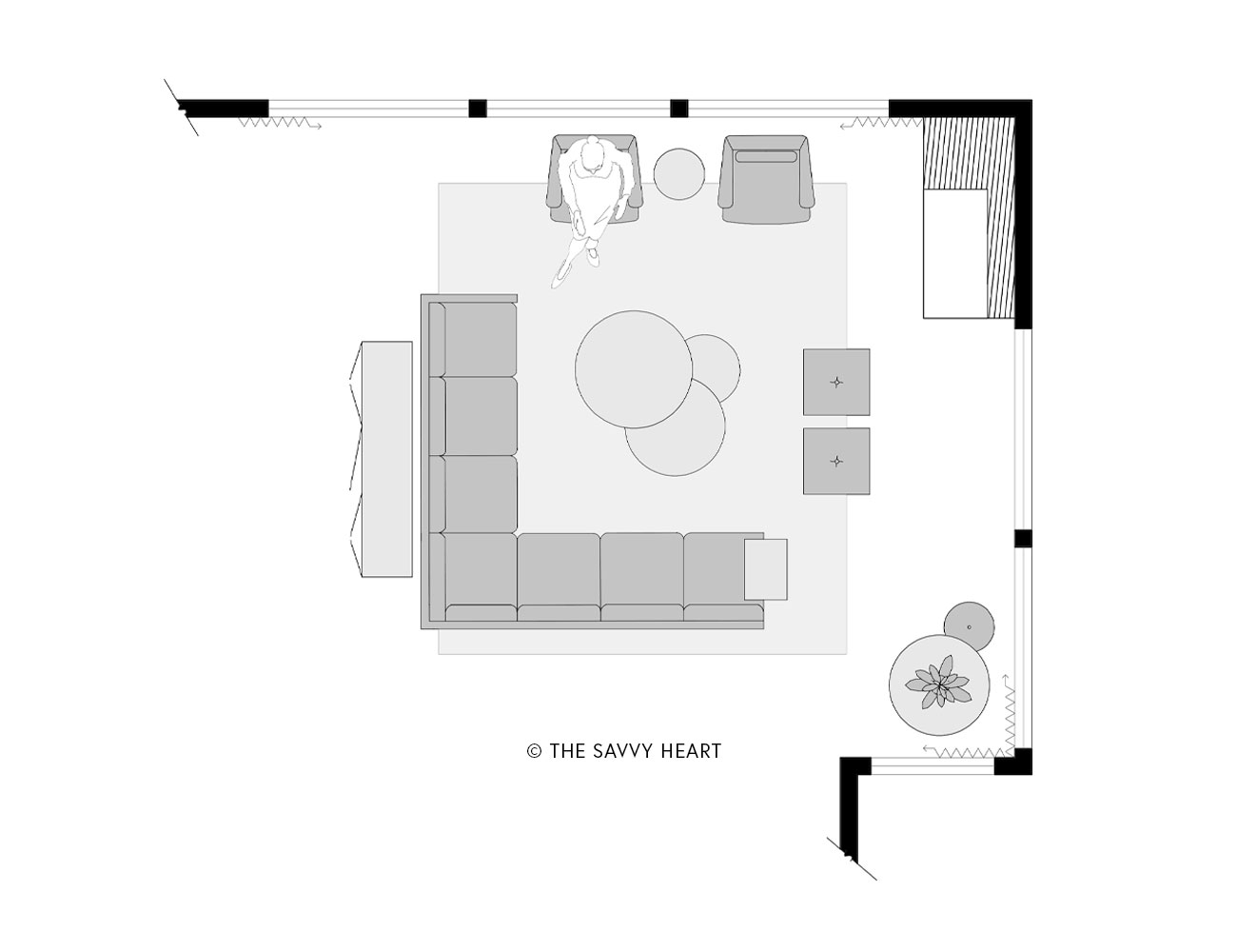 Floor Plan Layout Ideas For A Living Room With A Corner Fireplace   How To Arrange Furniture Corner Fireplace Example Floor Plan 2 By The Savvy Heart Interior Design Blog 