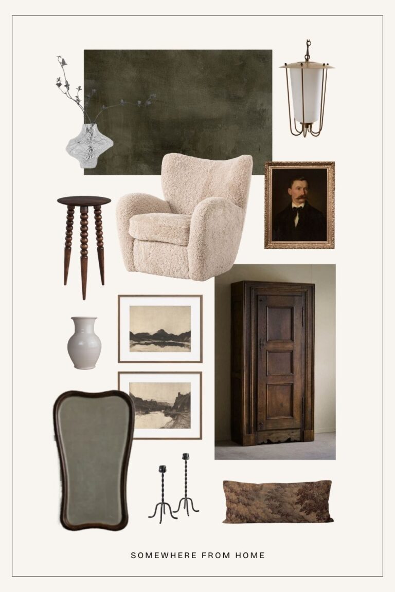 A Warm, Earthy & Layered Living Room Moodboard Featuring Vintage & New Finds